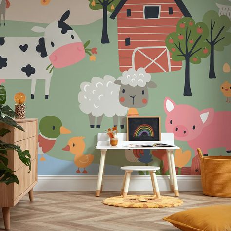 Bring a fantastic farmyard to your little one's bedroom or playroom with this animal farm wall mural, filled with friendly farm animals and endless adventures. The sun beams down on the farm where chickens, ducks, sheep, and cows graze together around the pond like one big happy family. The farm animals are loving life, basking in the sun and happily grazing on the green grass. In the distance, a trusty red tractor trundles over the rolling hills. Your child's imagination will run wild as they d Farm Mural, Playroom Mural, Farm Bedroom, Farm Room, Big Happy Family, Small Baby Room, Kids Bedroom Organization, Sun Beams, Newborn Room