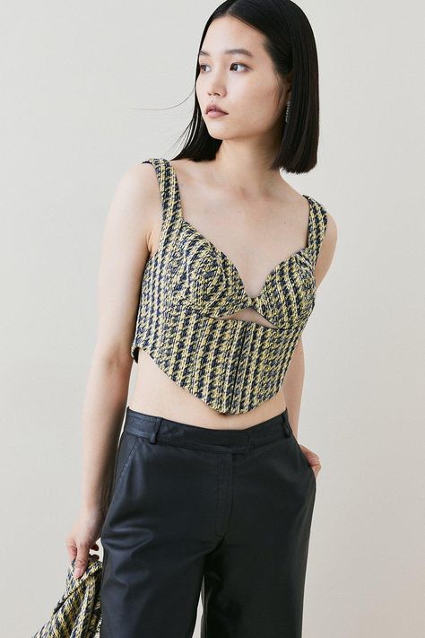 Italian Texture & Sequin Tweed Corset Top Tweed Corset Top, Italian Texture, Tweed Corset, Tweed Crop Top, Tweed Outfit, Tweed Top, Ladies Clothes Fashion, Yellow Style, Sequin Crop Top