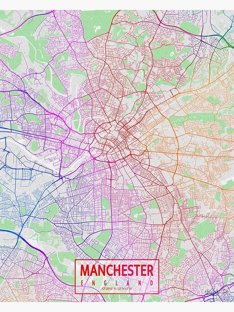 Manchester City Poster, Manchester Map, Map Of England, Burak Ozcivit, Colorful Poster, Colorful City, City Poster, City Maps, City Map