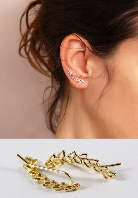 Sterling Silver or Gold leaves ear cuff, ear climber, By @sigalita - 24$  http://etsy.me/1nwDiiE Silver Ear Cuff Earrings, Leaf Ear Cuffs, Ear Cuff Gold, Ear Pin, Leaves Earrings, Silver Jewelry Diy, Ear Climber, Gold Leaf Earrings, Ear Clips