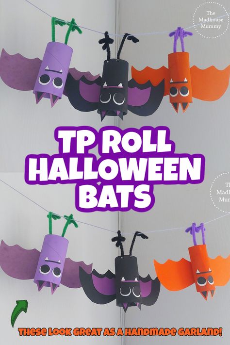 Halloween Crafts For Kids Using Construction Paper, Tp Roll Halloween Bats, Paper Towel Halloween Crafts, Toilet Paper Tube Halloween Crafts, Halloween Crafts For Kids Toilet Roll, Halloween Decor Crafts For Kids, Toilet Paper Roll Spider Craft, Toilet Paper Bats, Toilet Roll Bats