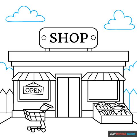 Shop step-by-step drawing tutorial: step 9 Store Drawing Easy, Supermarket Drawing, Grocery Store Drawing, Store Drawing, Building Drawing, Easy Drawing Tutorial, City Cartoon, Drawing Tutorial Easy, Drawing Easy