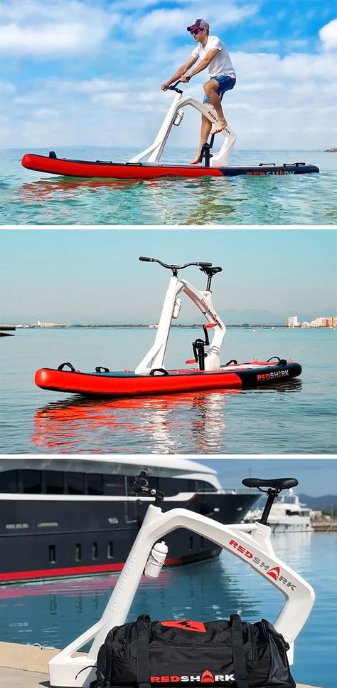 A collaboration between Red Shark Bikes and Hammacher Schlemmer, this inflatable stand-up paddleboard is perfect for a beach or a lake day. CHECK THAT OUT! Pedal Kayak, Resort Design Plan, Spy Kit, Water Bike, Kayak Boats, Lake Day, Ocean Cruise, Inflatable Paddle Board, Hammacher Schlemmer