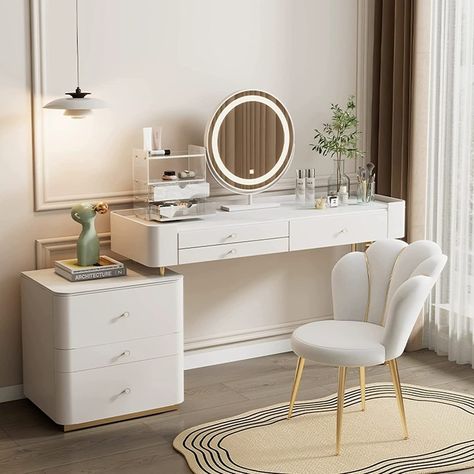 Vanity Dresser Combo, Dressing Table And Desk Combo, Vanity Desk Ideas Bedroom, Vanity And Office Desk Combo, Modern Vanity Ideas, Makeup Table Ideas Bedrooms, Bedroom Vanity Ideas Makeup Desk, Vanity And Desk Combo Ideas, Vanity Set Up Ideas