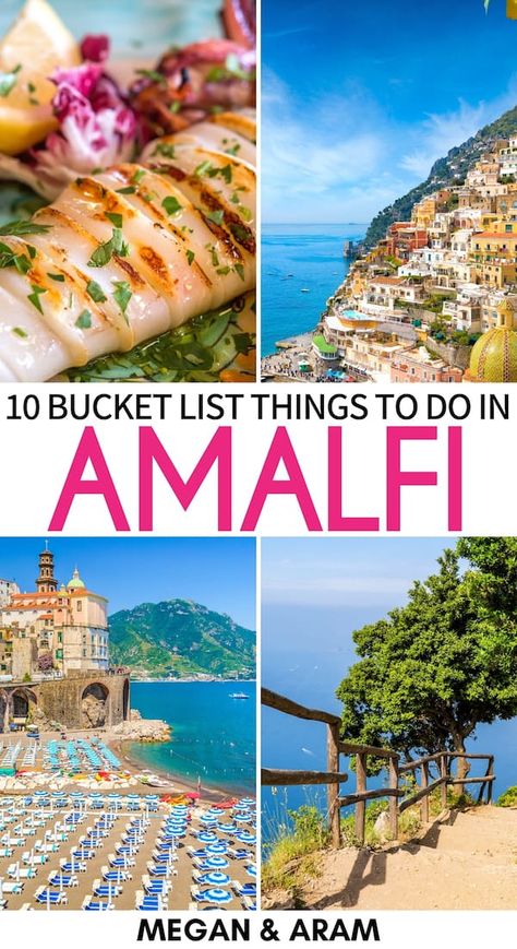 One of Italy's most desirable destinations is the gorgeous Amalfi Coast. This guide discusses the best things to do on the Amalfi Coast - food, views, and more! | Amalfi Italy | What to do in Amalfi | Things to do in Ravello | Things to do in Capri | Amalfi Coast things to do | Travel to Amalfi Coast | Visit Amalfi | Amalfi itinerary | Places to visit in Italy | Amalfi hiking | Amalfi viewpoints | Amalfi views | Amalfi restaurants | Amalfi cafes | Amalfi beaches Best Places To Visit In Italy Amalfi Coast, Amalfi Coast Bucket List, Planning A Trip To Italy, Amalfi Restaurants, Things To Do In Naples Italy, Amalfi Itinerary, Southern Italy Itinerary, Europe Planning, Almafi Coast Italy