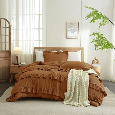 PRICES MAY VARY. Lightweight Soft Cozy Microfiber Comforter Set: The terracotta king comforter set is made of premium microfiber with high quality cloud-like filling, incredibly soft and comfortable, provides amazing softness warm and smooth touch feeling. This fluffy soft ruffled comforter set maintains a perfect balance between weight and warmth, suitable for all year round use. Boho ruffle microfiber bedding comforter set keeps you warm and cozy in winter, but stays nice and breathable in war Cottagecore Comforter, Fall Bedding Bedrooms Cozy, Velvet Bedding, Fall Bedding Bedrooms, Fall Bedding Sets, Ruffle Comforter, Rustic Bedding Sets, Full Size Comforter Sets, Comforter Sets Boho