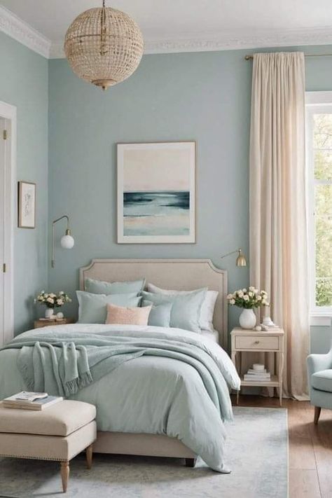 Bedroom Interior Pastel, Pastel Colors For Bedrooms, Modern Pastel Bedroom, Pastel Bedrooms, Pastel Room Ideas, Blue Green Bedroom, Pastel Bedroom Ideas, Modern Coastal Bedroom Ideas, Ideas Dormitorio