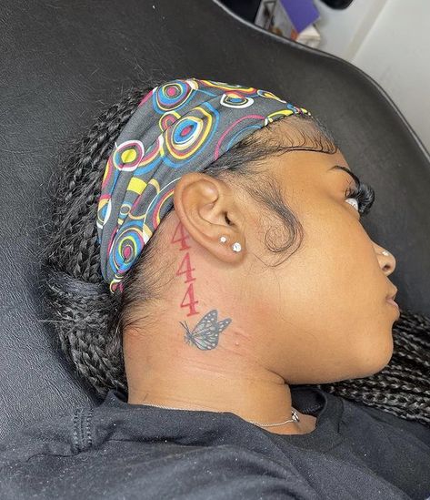 Cute Behind The Ear Tattoos Black Women, 444 Neck Tattoos Women, Side Ear Tattoo, 444 Neck Tattoo, Black People Tattoos, Butterfly Neck Tattoo, Cute Thigh Tattoos, Small Neck Tattoos, Girl Thigh Tattoos