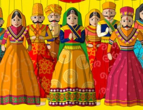 Rajasthani Puppets, Rajasthani Couple, Butterfly Wall Art Diy, India Illustration, Rajasthani Painting, Rajasthani Art, Farm Animal Coloring Pages, Dancing Drawings, Madhubani Art