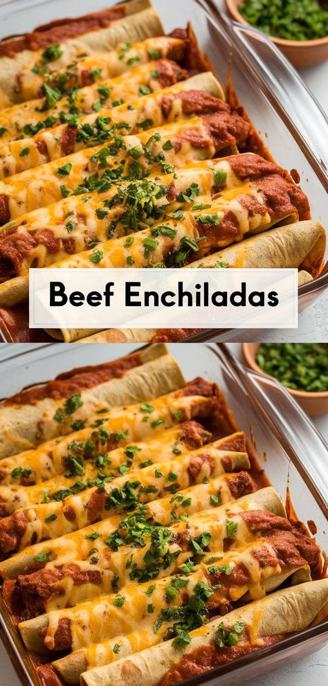 Homemade Beef Enchiladas. Flavorful ground beef wrapped in soft tortillas, baked to perfection, and topped with cheese and sauce. Perfect for taco night or anytime you crave Mexican food! Baked Beef Enchiladas, Beef Brisket Enchiladas, Enchiladas Recipe Beef, Enchilada Bake Beef, Soft Taco Recipe Ground Beef, Enchiladas Beef, Enchiladas Corn Tortillas, Beef Enchiladas Recipe, Shredded Beef Enchiladas