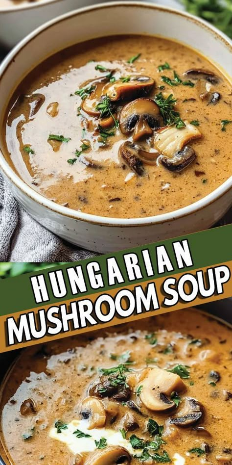 Hungarian Mushroom Soup Ingredients: 2 tablespoons unsalted butter 1 large onion, finely chopped 1 pound cremini mushrooms, sliced 1 tablespoon paprika 1 teaspoon dried dill 1 teaspoon soy sauce 1/4 cup all-purpose flour 2 cups chicken or vegetable broth 1 cup milk 1/2 cup sour cream 1 tablespoon lemon juice 2 tablespoons chopped fresh dill Salt and pepper to taste #mushroom #easyrecipes #camilarecipes Mushroom Soup Crockpot, Dry Mushroom Recipes, Easy Mushroom Soup, Hungarian Mushroom, Hungarian Mushroom Soup, Dried Dill, Bisque Soup, Soup Ingredients, Mushroom Soup Recipes