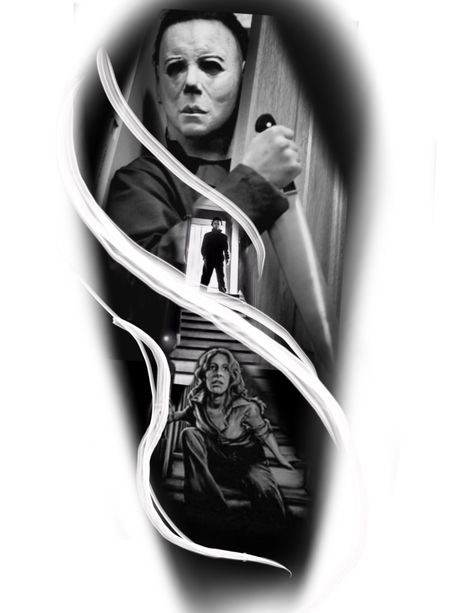 Black and gray Michael Myers photoshop for sleeve tattoo Mike Myers Tattoo, Micheal Myers Tattoo Stencil, Michael Myers Tattoos, Myers Tattoo, Michael Meyers Tattoos, Michael Myers Tattoo Stencil, Michael Myers Outline Tattoo, Michael Myers Tattoo Halloween, Michael Myers Tattoo Design