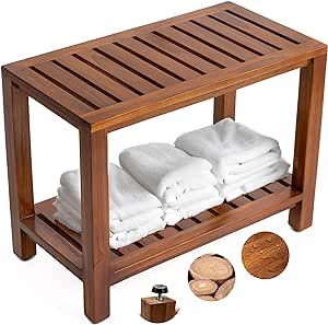 Teak Shower Bench - with Shelf, 25 Inch, Wooden Seat Stool for Bathroom, Spa, Garden, Fully Assembled, The Akar 25 Bathroom Stool Ideas, Bench For Bathroom, Wooden Shower Bench, Stool For Bathroom, Baños Ideas, Teak Shower Stool, Bathroom Seat, Spa Garden, Teak Shower Bench