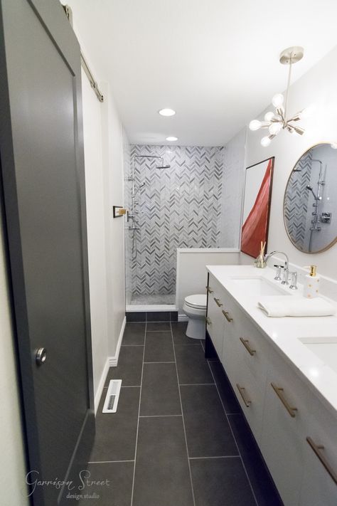 Modern Master Bath Renovation Reveal Shower Layout, Bathroom Budget Diy, Wood Tile Bathroom, Modern Master Bath, Rectangle Bathroom, Trendy Bathroom Tiles, Master Bath Renovation, Bath Renovation, Bathroom Closet