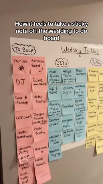 Nurse Sydney on Instagram: "How it feel to take a sticky note off the wedding to do board 👌🤩  #2025bride #bridetobe #bride #wedding #weddingtodolist #weddingstickynoteboard #engaged #weddingplanning #weddingtiktok #weddingplanner #2025wedding #weddingtipsandtricks #weddingtok" Sticky Notes Board Ideas, Wedding To Do List Checklist Poster Board, Wedding Sticky Note To Do List, Wedding To Do List Poster Board, Wedding Planning Sticky Note Board, Sticky Note Wedding Planning Board, Wedding To Do Board, Wedding Post It Board To Do List, Diy Wedding To Do List