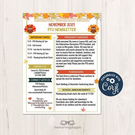 Pta Newsletter, Pto Flyers, Printable School, Meeting Agenda Template, Meeting Agenda, Appreciation Thank You, Thanksgiving Break, Agenda Template, Laser Printer