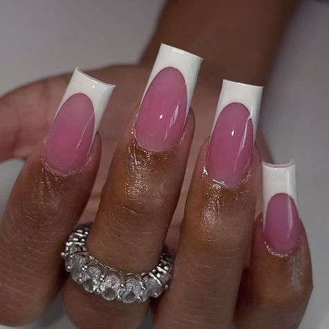 KNEIAMYA ✨ ACRYLIC NAILS AND TOES ✨ (@nailed.by.myaa) • Instagram photos and videos Classic White Tip Nails, Pink Acrylic With White French Tip, White Pink French Nails, Pink Nail With White Tip, Pink And White French Tip Acrylic Nails, Pink Acrylic With White Tip, French Tip Nails Dark Pink, Medium French Tip Acrylic Nails Pink, Pink And White French Tip Nails Square Medium