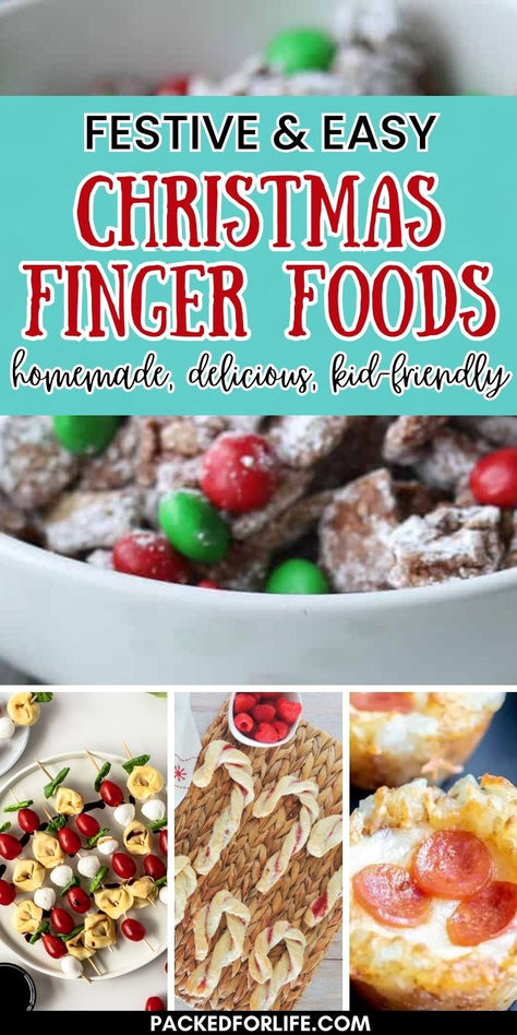 Four festive and easy Christmas fingerfoods; Christmas puppy chow, tortollini skewers, candy cane pastries, tater tot pizzaa. Festive Christmas Finger Foods, Kids Christmas Snacks Parties, Fun Christmas Finger Foods, Easy Holiday Snacks For Kids, Children’s Christmas Party Food, Christmas Fun Food For Kids, Christmas Dinner For Kids Food Ideas, Kids Appetizers Christmas, Food For Kids Christmas Party