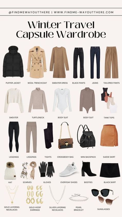 Winter Trip Capsule Wardrobe, Europe Capsule Wardrobe Winter, Outfits For Winter In Europe, Winter Travel Capsule Wardrobe 2023, Winter Travelling Outfits, Capsule Winter Travel Wardrobe, Italy In The Winter Outfits, Winter Outfits For Traveling, Europe In January Outfits