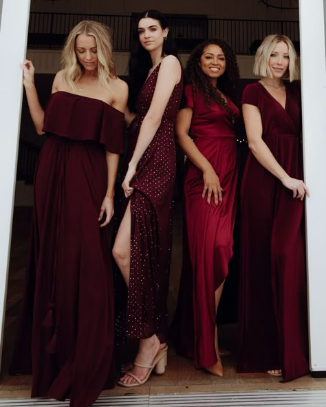 Deep Red Velvet Bridesmaid Dress, Dark Berry Bridesmaid Dresses, Shades Of Burgundy Bridesmaid Dresses, Mulberry Wedding Color Scheme, Merlot Bridesmaid Dresses, Berry Bridesmaid Dresses, Winter Bridal Party, Wine Color Bridesmaid Dress, Color Compliments