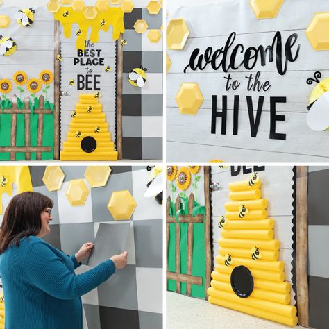 Fun365 | Fun365 Bee Theme Bulletin Board, Bee Bulletin Boards, Teacher Appreciation Door Decorations, Bee Classroom Decor, Bumble Bee Decorations, Teacher Appreciation Doors, Bright Classroom, Bee Themed Classroom, Bumble Bee Art