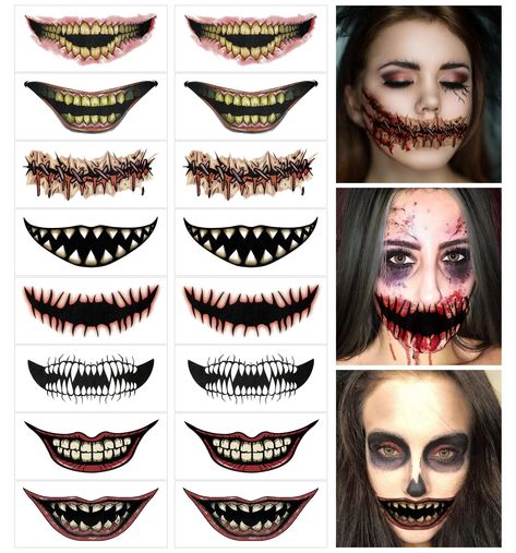 16PCS Halloween Prank Makeup Temporary Tattoos for Adults, Clown Horror Mouth Face Tattoo Stickers Decals for Halloween Cosplay Party DIY Decorations Halloween Mouth Makeup, Horror Mouth, Clown Face Tattoo, Halloween Pranks, Party Diy Decorations, Clown Horror, Clown Faces, Face Tattoo, Diy Decorations