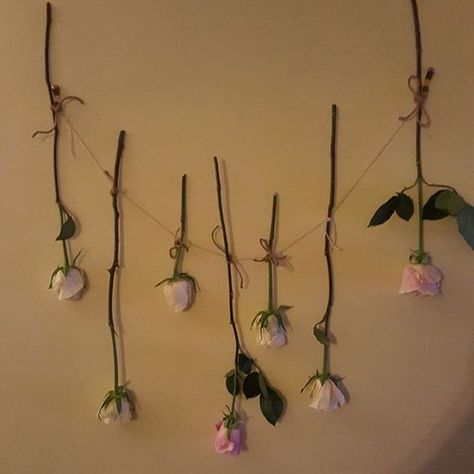 Rose Hanging Decor, How To Hang Flowers On Wall, Dried Flowers Ideas Decor Wall Art, Hanging Roses Upside Down, Hanging Flowers On Wall, Hung Flowers, Roses On Wall, Hamlet Painting, Hanging Roses