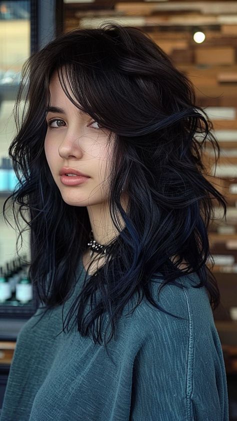 24 Striking Blue Black Hairstyles to Try Midnight Blue On Black Hair, Blue Almost Black Hair, Black Tint Hair, Black And Midnight Blue Hair, Dark Hair Blue Undertone, Black Hair Dye Aesthetic, Different Black Hair Colors, Black Hair With Midnight Blue Highlights, Black Hair With Tips Dyed