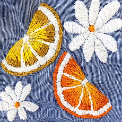 Lemon Slice Embroidery, Orange Slice Embroidery, Embroidery On Orange Fabric, Lemon Embroidery Pattern, Oranges Embroidery, Lemons Embroidery, Diy Embroidery Patch, Lemon Embroidery, Diy Patches Embroidery