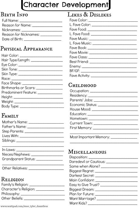 Writing Inspiration | Character Development Chart | Fill one out for each of your major characters to help you create deeper characters with rich backstories Character Development Sheet, Writing Inspiration Characters, Character Sheet Writing, Menulis Novel, Writing Inspiration Tips, Writing Plot, Writing Fantasy, Writing Dialogue Prompts, Creative Writing Tips