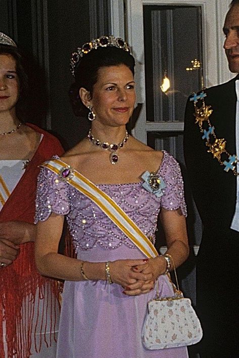 Purple Evening Gown, Sweden Style, Queen Silvia Of Sweden, Empress Josephine, Sweden Fashion, Queen Consort, Prince Carl Philip, Royal Tiaras, Princess Madeleine