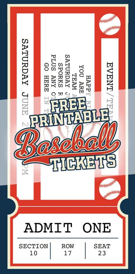 A free printable baseball ticket template to download and use. Cricut Ticket Template, Baseball Birthday Party Invitations Free Printable, Baseball Birthday Invitations Templates, Baseball Labels Printable Free, Twins Baseball Birthday Party, Baseball Birthday Invitations Free, Baseball Bingo Free Printable, Blank Baseball Card Template, How To Gift Sports Tickets