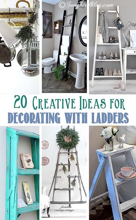 I love ladders!! Check out these 20 inspiring and awesome ideas for decorating with ladders. via http://www.songbirdblog.com Ladders For Decoration, Step Ladder Repurpose, Decorating With Ladders, Wooden Ladder Decor, Display Quilts, Wooden Ladders, Ladder Ideas, Window Shutter, Vibeke Design