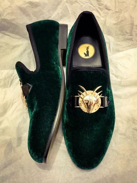 XO Royalty velvet loafer shoe, Khodumodumo gold plate on emerald deep green velvet Green Prom Shoes Men, Emerald Green Velvet Suits, Green And Gold Wedding Suit, Green And Gold Prom Suit, Emerald Green Suits For Men Prom, Green Dress Shoes Men, Emerald Green Prom Suit, Emerald Green Suits For Men, Emerald Green Suits