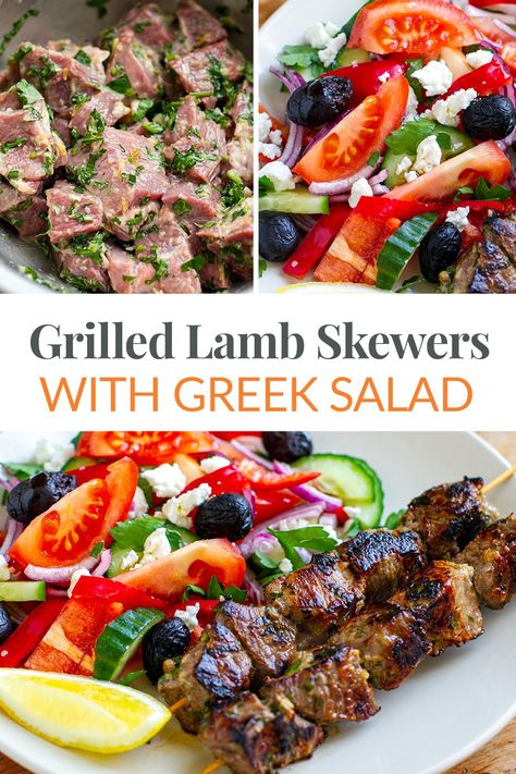 Lamb Recipes Greek, Lamb Souvlaki Recipe, Healthy Lamb Recipes, Simple Greek Salad, Lamb Side Dishes, Greek Roasted Potatoes, Lamb Marinade, Lamb Kabobs, Lamb Salad