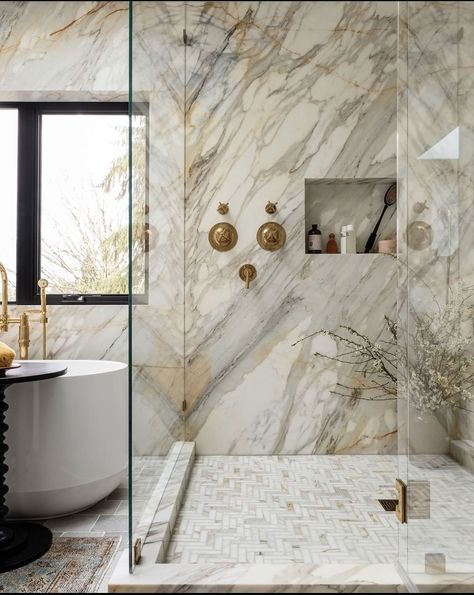 Bookmatched Marble Bathroom, Marble Effect Bathroom, Onyx Bathroom, Marble Master Bath, White Marble Tile Bathroom, Marble Shower Tile, Marble Bathroom Designs, Marble Tile Bathroom, Marble Showers