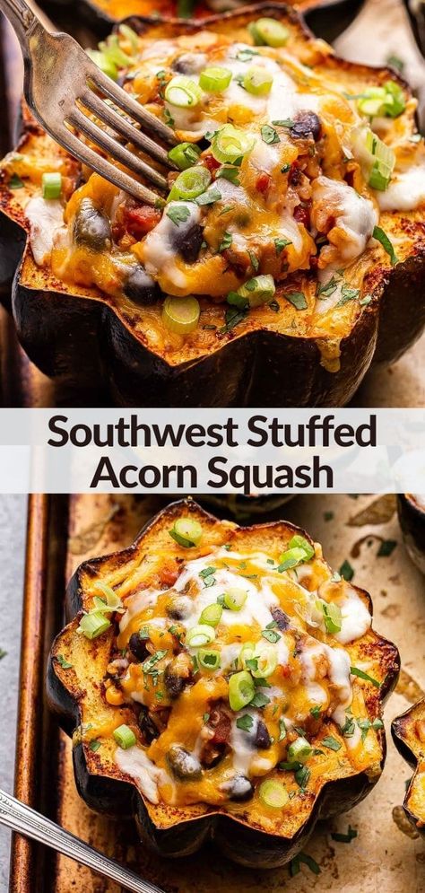 Southwest Stuffed Acorn Squash is a hearty and healthy vegetarian meal that's perfect for fall and winter! Sweet roasted acorn squash compliments the Southwest spices in the black bean and rice filling. This easy dinner is not only delicious the day you make it, but the leftovers hold up well for several days! #wintersquash #acornsquash #Mexicanfood #vegetariandinner #fallrecipes #winterrecipes #healthydinner Acorn Squash Recipes Healthy, Stuffed Acorn Squash Vegetarian, Acorn Squash Baked, Runner Recipes, Black Bean And Rice, Recipe Runner, Healthy Squash Recipes, Bean And Rice, Roasted Acorn Squash