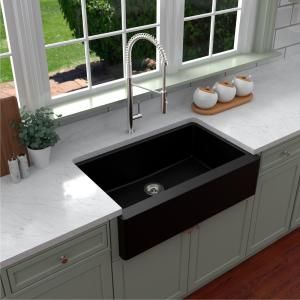 Ruvati Farmhouse Apron-Front Stainless Steel 33 in. Single Bowl Kitchen Sink in Gunmetal Black Matte-RVH9733BL - The Home Depot Quartz Sink, Composite Kitchen Sinks, Composite Sinks, Apron Front Kitchen Sink, Drop In Kitchen Sink, Newly Remodeled Kitchens, Apron Sink Kitchen, Farmhouse Apron, Solid Surface Countertops