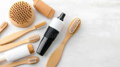 A top-down view features a neat arrangement of sustainable products like bamboo toothbrushes, glass jars, and organic stock photography Vector House, Bamboo Toothbrush, Sustainable Products, Glass Jars, Brushing Teeth, Stock Photography, Sustainability, Photo Image, Stock Photos