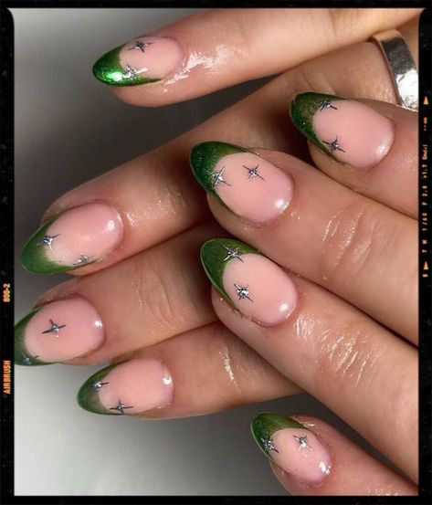 Green Chrome Tips Nails Green Chrome Christmas Nail Designs, Forest Green Nail Ideas Short, Short Almond Nails Designs Green, Green French Tip Nails With Design, Green Prom Nail Ideas, Almond Nails Green Design, Metallic Green French Tip Nails, Green Ethereal Nails, Pink And Green Chrome Nails