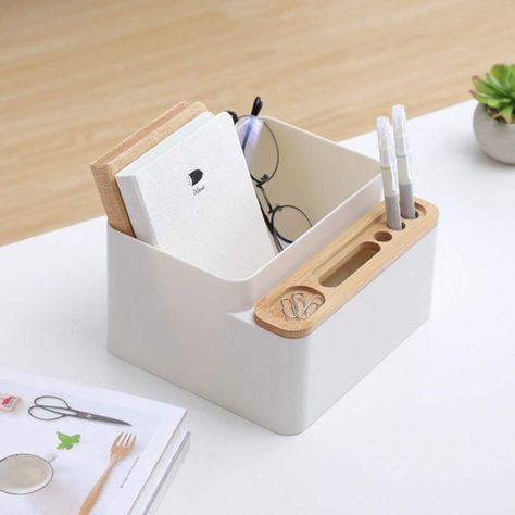 The Desktop Storage Organizer can hold your smartphone and store your pens, scissors, makeup brushes, hand cream and other small items. It help you to organize your desk and save space and time for you. Spend less time to look for where your office workspace accessories played up and more time focusing on other matters. #officesupplies #organizer #minimalaesthetic #homeoffice #backtoschool Modern Bureau, Wooden Desk Organizer, Desk Stationery, Makeup Brush Organization, Pen Organization, Office Desktop, Stationery Organization, Wooden Desk, Desktop Storage