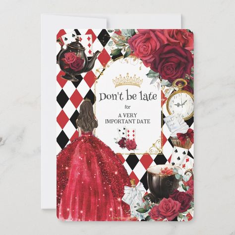 Queen Of Hearts Invitation Template, Invitation Quince, Quinceanera Red, Xv Ideas, Alice In Wonderland Invitations, Wonderland Invitation, Quince Invitations, Planning Board, Quinceanera Ideas