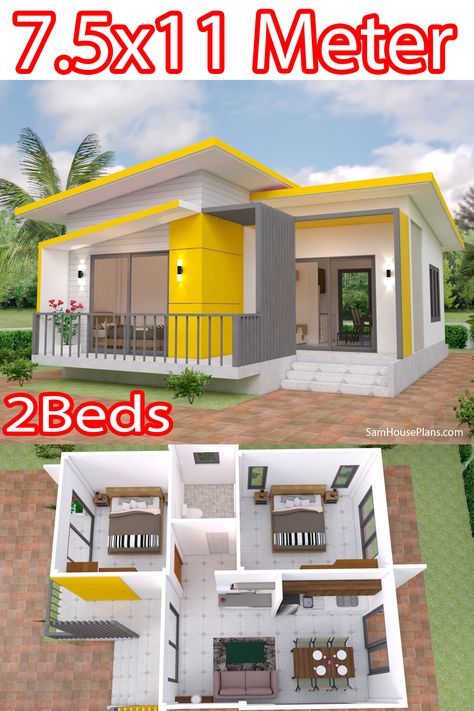 House Plans 7.5x11 with 2 bedrooms Full Plans 2 Room House Plan, Two Bedroom House Design, Small House Blueprints, Small Modern House Plans, Pelan Rumah, Small House Layout, Little House Plans, Affordable House Plans, Two Bedroom House