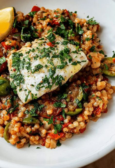 Cod And Couscous Recipes, Cod Dinner Recipes, Pearl Couscous Recipes, Mediterranean Seafood, Castelvetrano Olives, Fish Dinners, Pearl Couscous, Cod Recipe, Fall Meals