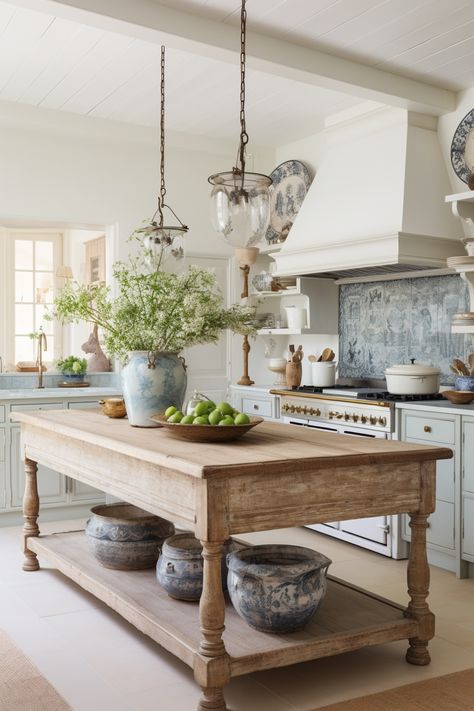 How to Use AI for Interior Design - Farmhouse Living Furniture Style Island, Timeless Kitchen With Island, Table As Island In Kitchen, Cottage Kitchen Island Ideas, Modern French Cottage Decor, Country Cottage Kitchen Ideas, Island Ideas For Kitchen, Kitchens French Country, Amber Interiors Kitchen