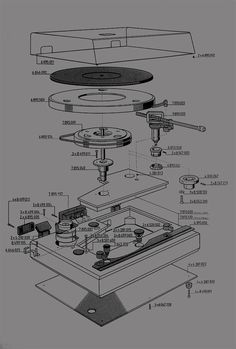 Vinyl Turntable, Japanese Pop Art, Exploded View, Vinyl Record Player, Turn Table Vinyl, Technical Illustration, Black Lantern, Nail Logo, Graphic Poster Art