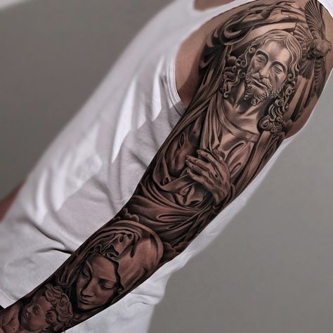 Wow 😍 sleeve by @juncha #Padgram Jun Cha Tattoo, Jesus Tattoo Sleeve, Tattoo Sites, Virgin Mary Tattoo, Mary Tattoo, Forearm Sleeve Tattoos, Jesus Tattoo, Religious Tattoos, Full Sleeve Tattoos