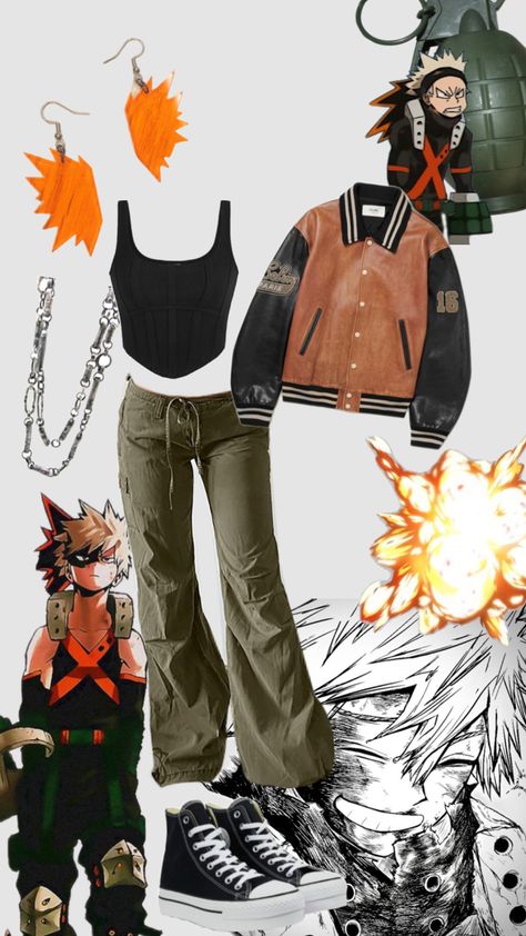 #bakugoukatsuki #bakugo #mha #myheroacademia #bomberjacket #earrings #necklace #silverchain #cargopants Bakugo Gauntlets Diy, Bakugou Cosplay Diy, Bakugo Earrings, Bakugo Outfit Ideas, Deku Inspired Outfit, My Hero Academia Outfits Ideas, Bakugou Inspired Outfit, Mha Casual Clothes, Bakugo Inspired Outfit