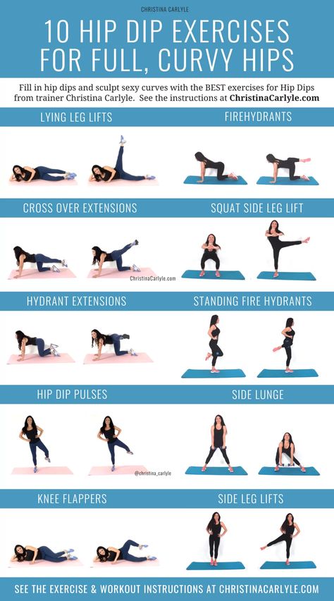 10 of the best hip dip exercises that help fill in hip dips and sculpt curves from trainer Christina Carlyle. Fill In Hip Dips, Exercises For Hip Dips, Hip Dip Exercises, How To Widen Hips, Best Exercise For Hips, Christina Carlyle, Lying Leg Lifts, Workout Instructions, Dip Workout