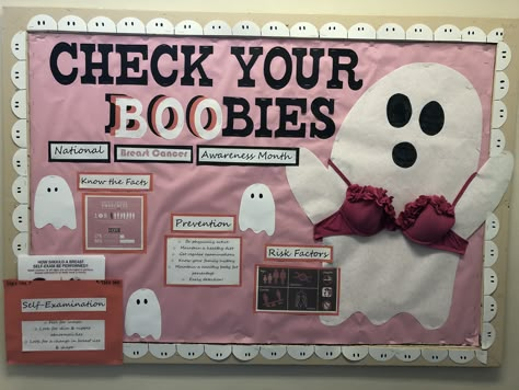 Halloween Program Ideas Ra, Pink Halloween Bulletin Board, October Bulletin Boards For College, Halloween Ra Program Ideas, Dei Bulletin Board Ideas, Breast Awareness Month Ideas, Halloween Bulletin Board Ideas For Work, Healthcare Bulletin Board Ideas, Halloween Boards Bulletin